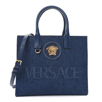 VERSACE Denim Calfskin La Medusa Small Tote Bag Blue