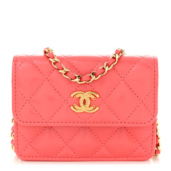 CHANEL Shiny Lambskin Quilted Card Holder On Chain Pink