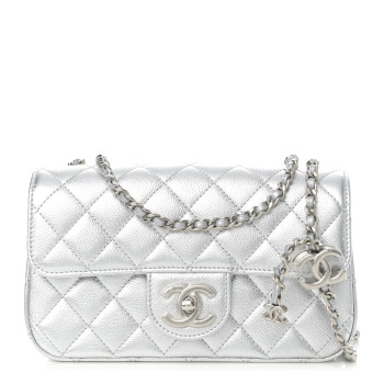 CHANEL Metallic Caviar Quilted Mini Rectangular CC Slide Flap Silver