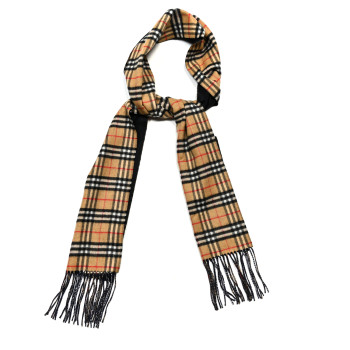 BURBERRY Wool Cashmere Reversible House Check Fringe Scarf Camel