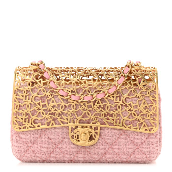 CHANEL Metal Tweed Logo CC Minaudiere Mini Flap Bag Pink Gold