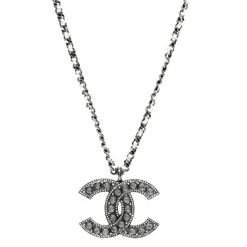 CHANEL Ruthenium Crystal Lambskin CC Pendant Necklace Silver