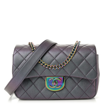 CHANEL Iridescent Goatskin Quilted Small Double Carry Waist Chain Flap Purple