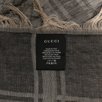 GUCCI Wool Silk GG Monogram Diamante Plaid Surviee Shawl Beige Dark Brown