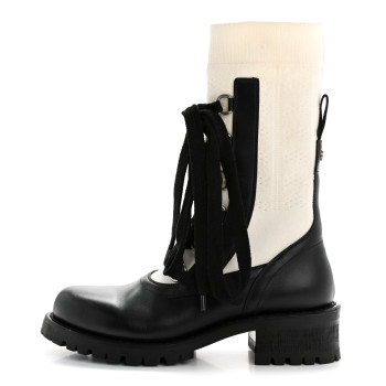 CHRISTIAN DIOR Calfskin Knit Fabric Diorland Combat Boots 38 Black White