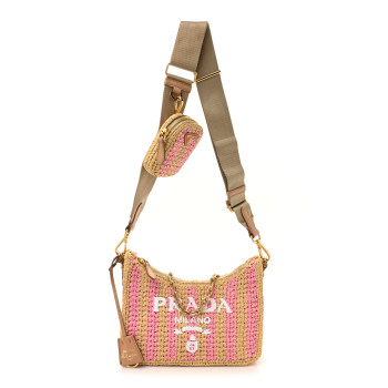 PRADA Yarn Raffia Effect Crochet Striped Re-Edition 2005 Shoulder Bag Naturale Petalo