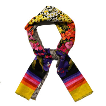 GUCCI Silk Cashmere GG Monogram Floral Print Scarf Black