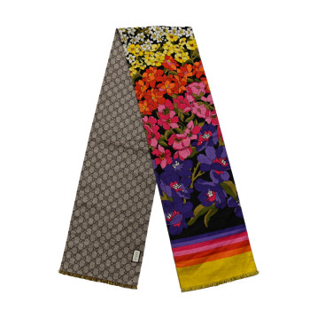 GUCCI Silk Cashmere GG Monogram Floral Print Scarf Black