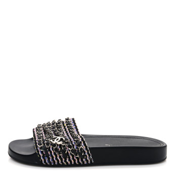 CHANEL Tweed Lambskin Chain Flat Sandals 37 Black Multicolor