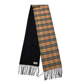 BURBERRY Wool Cashmere Reversible House Check Fringe Scarf Camel