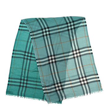 BURBERRY Wool Silk Gauze Giant Check Scarf Turquoise