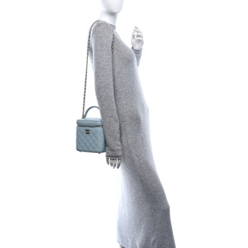 CHANEL Caviar Quilted Small Top Handle Vanity Case With Chain Light Blue