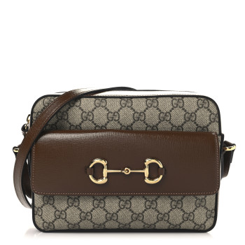 GUCCI GG Supreme Monogram Small Horsebit 1955 Shoulder Bag Beige Brown Sugar