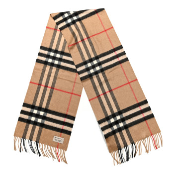 BURBERRY Cashmere Giant Check Fringe Scarf Camel