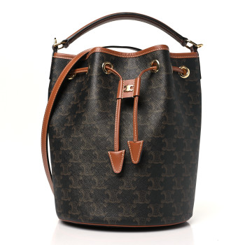 CELINE Triomphe Canvas Calfskin Clara Drawstring Bucket Bag Tan
