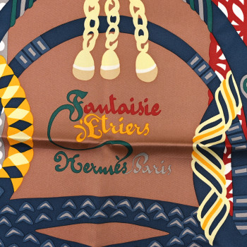 HERMES Silk Fantaisie D'etriers Scarf 90 Creme Noisette Marine