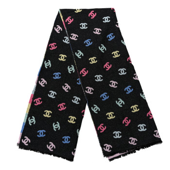 CHANEL Cashmere Silk Wool CC Stole Black Multicolor
