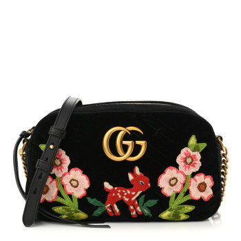 GUCCI Velvet Matelasse Deer Embroidered Small GG Marmont Chain Shoulder Bag Black