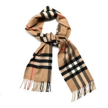 BURBERRY Cashmere Giant Check Fringe Scarf Camel