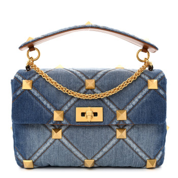 VALENTINO GARAVANI Denim Large Roman Stud Shoulder Bag Light Denim Selleria