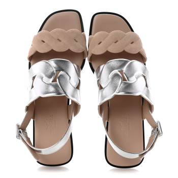 HERMES Metallic Nappa Chevre Velours Womens Grace Sandals 36.5 Gris Argente Beige