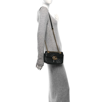 GUCCI Calfskin Matelasse Mini GG Marmont Shoulder Bag Black
