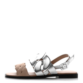 HERMES Metallic Nappa Chevre Velours Womens Grace Sandals 36.5 Gris Argente Beige