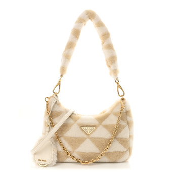 PRADA Montone Shearling Nappa Mini Re-Edition Shoulder Bag Ecru Bianco