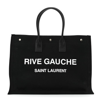 SAINT LAURENT Linen Calfskin Rive Gauche Tote Black