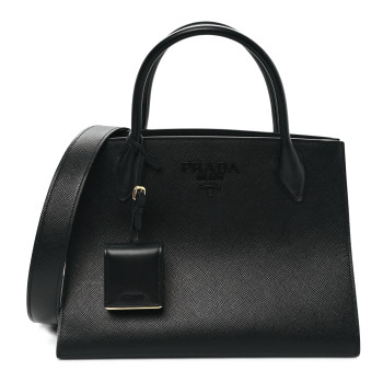PRADA Saffiano Cuir Calfskin Medium Monochrome Top Handle Tote Black