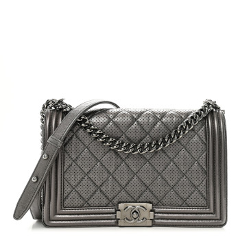 CHANEL Metallic Lambskin Perforated New Medium Boy Flap Dark Silver