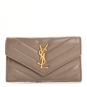 SAINT LAURENT Calfskin Matelasse Chevron Monogram Fragments Zippered Card Case Greyish Brown