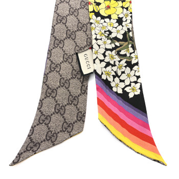 GUCCI Silk GG Monogram Floral Print Neck Bow Scarf