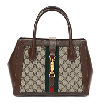 GUCCI GG Supreme Monogram Azalea Calfskin Web Medium Jackie 1961 Tote Beige Ebony Brown Sugar