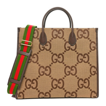 GUCCI Monogram Jumbo GG Textured Dollar Calfskin Web Tote Bag Camel Ebony New Acero