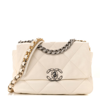 CHANEL Goatskin Quilted Medium Chanel 19 Flap White