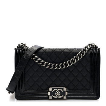 CHANEL Goatskin Quilted Patent Medium Duo Boy Flap Black