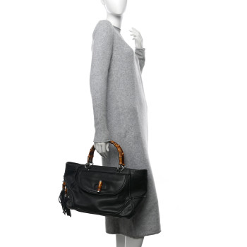 GUCCI Calfskin New Bamboo Medium Tassel Tote Black