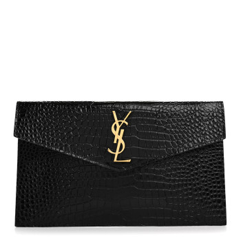 SAINT LAURENT Calfskin Crocodile Embossed Uptown Monogram Pouch Black