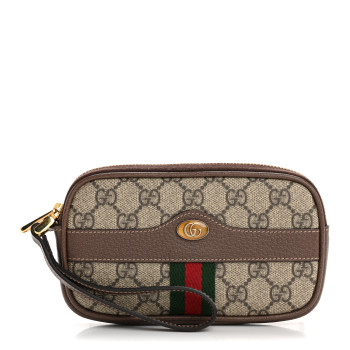 GUCCI GG Supreme Monogram Ophidia Phone Case Wristlet Brown