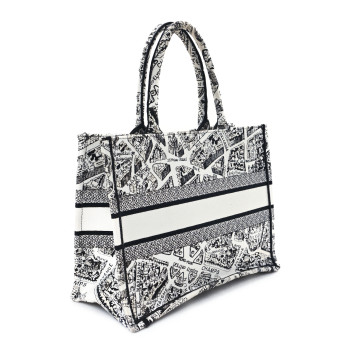 CHRISTIAN DIOR Canvas Embroidered Medium Plan De Paris Book Tote White Black