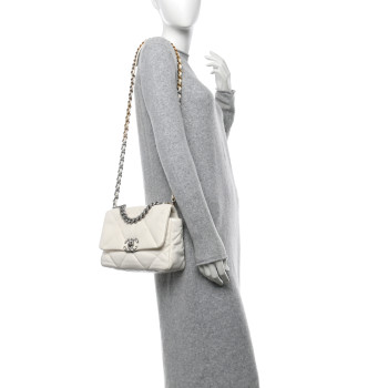 CHANEL Goatskin Quilted Medium Chanel 19 Flap White