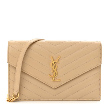 SAINT LAURENT Grain De Poudre Matelasse Chevron Monogram Envelope Chain Wallet Nude Powder