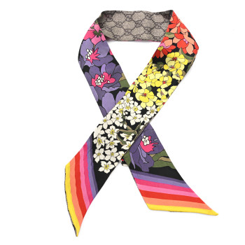 GUCCI Silk GG Monogram Floral Print Neck Bow Scarf