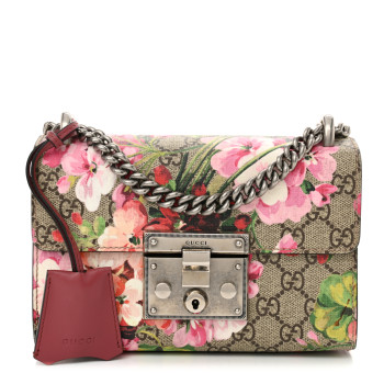 GUCCI GG Supreme Monogram Blooms Small Padlock Shoulder Bag Beige Multicolor Dry Rose