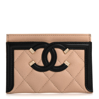 CHANEL Caviar Quilted Filigree Card Holder Beige Black