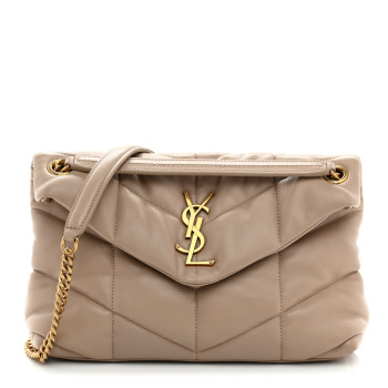SAINT LAURENT Lambskin Quilted Small Loulou Puffer Monogram Chain Satchel Dark Beige