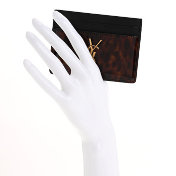 SAINT LAURENT Patent Monogram Credit Card Case Tortoiseshell