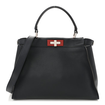FENDI Vitello Seta Shiny Nappa Medium Peekaboo Iconic Satchel Blue Notte Ardesia