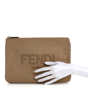 FENDI Cotton Canvas Vitello Grace Light Logo Pouch Beige